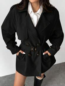 SHEIN EZwear 大码黑色长袖休闲风衣，配腰带和翻领，女士秋冬装 - 黑色 - 查看 6