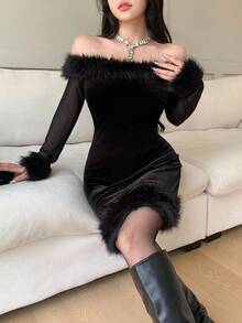 Feyla Black Fuzzy Mesh Bodycon Long Sleeve Mini Dress, Elegant And Sophisticated For Parties, Dates, Holidays - Black - View 5