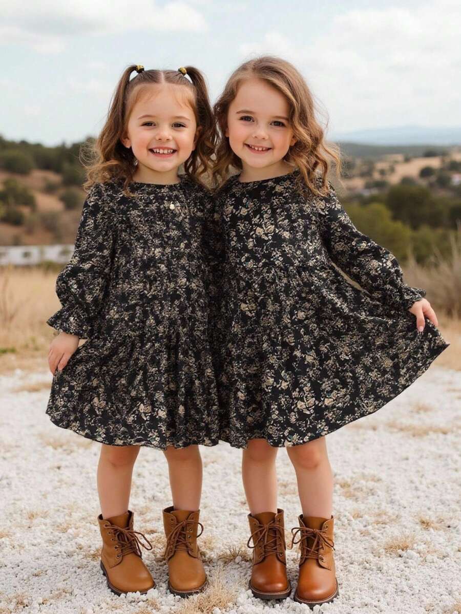 Emery Rose Kids Emery Rose Kids Young Girl Floral Print Round Neck Puff Sleeve Fitted Casual Cake A-Line Dress,Autumn Winter. Back To School - Royal Blue - View 1