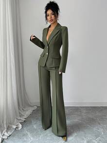 SHEIN Elenzya 优雅浪漫的女士西装外套，翻领收腰设计 - 軍綠色 - 查看 3