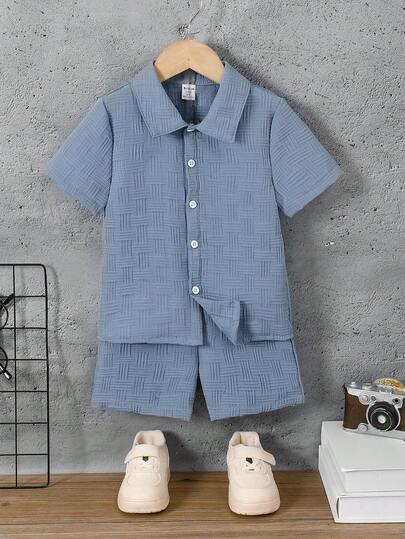 SHEIN Explorewe 男童纯色 Polo 领衬衫和短裤套装，夏季