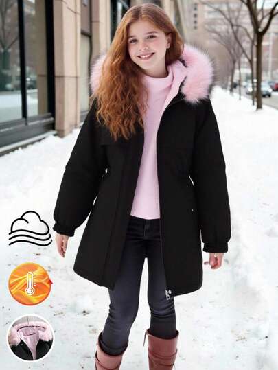 Sparklyn Tween Girl Chic Thick Thermal Lined Elegant Minimalist Stylish Fur Collar Long Outdoor Jacket, Suitable For Autumn/Winter, Party, Khaki