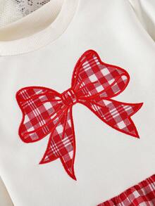 SHEIN Infant Girls' Fashion Sweatshirt Fabric Bow Embroidered Ruffle Hem Plaid Design Top, Autumn/Winter - Apricot - View 6