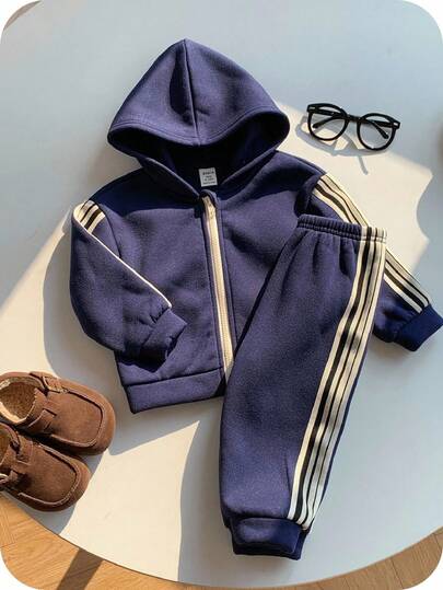 SHEIN 2 件套男婴可爱蓝色连帽夹克和松紧腰慢跑裤套装，百搭运动服，适合室内、户外、日常穿着、运动、玩耍、派对、拍照、度假、春季、夏季、秋季、冬季