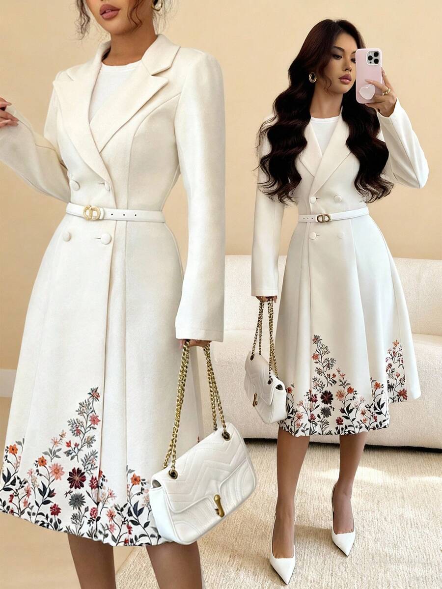 SHEIN Elenzya 女士印花双排扣收腰优雅休闲通勤复古百搭假日商务乳白色杏色长袖大衣,秋冬款 - 杏色 - 查看 1
