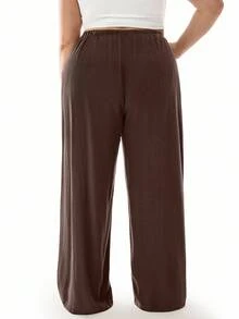 SHEIN EZwear Pantalones holgados casuales sólidos de cintura alta para mujeres de talla grande con cinturón y pierna ancha