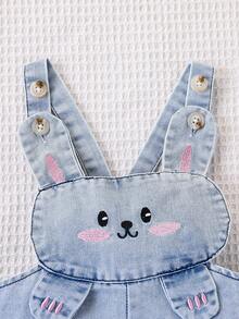 SHEIN Playful Pals 女婴可爱动物刺绣围兜和连衣裤，夏季 - 淺藍色 - 查看 3