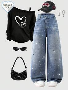 SHEIN ChillGRL Jeansy z szerokimi nogawkami dla nastolatek zdobione kryształkami. Styl vintage, streetwear, casualowy i szykowny. Jasnoniebieski denim w stylu vintage. Unikalne, czarno-białe zdobienia kryształkami. Luźny krój, wygoda. Asymetryczny krój i stylowy wygląd. Elastyczny pas dla wygody. Idealne na wyjścia, randki, wypoczynek na świeżym powietrzu, codzienne wyjścia na uczelnię, spotkania ze znajomymi i imprezy. Uniwersalny, modny element garderoby na cały rok! - Jasny jeans - Zobacz 4