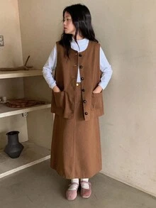 DAZY 2 件套青少年女孩牛仔背心 + 裙子套装，秋季服装 - 鏽棕色 - 查看 2