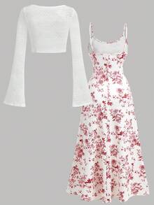 Girlism Teen Girls Jacquard Knit Flare Sleeve Jacket & Ditsy Floral Slip Dress Co-Ord Set, Sweet Casual Elegant