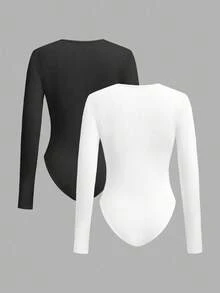 SHEIN BASICS 2 件套女士休闲罗纹紧身衣，黑白，百搭分层单品，适合秋冬季 - 彩色 - 查看 2