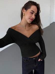 Aloruh Sweater Rajut Wanita Terbaru Musim Gugur/Dingin, Model Bahu Terbuka, Bergaris Vintage, Lengan Panjang, Atasan Hitam - Hitam - View 5