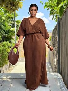 Veslaya Plus Size Women's Solid Color Overlap V-Neck Batwing Sleeve Casual Dress