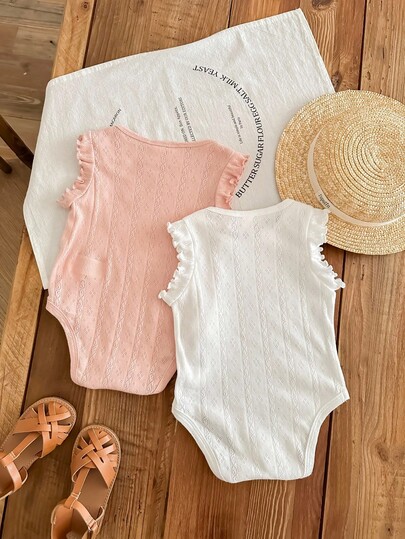 Bộ 2 món/Bộ đồ liền thân xếp nếp màu trơn dễ thương cho bé gái sơ sinh, mùa hè