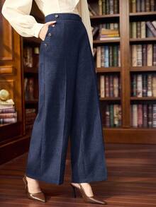 Vintamour Quần ống đứng thanh lịch cổ điển dành cho nữ, quần ống đứng có túi cài nút, màu cà phê, phù hợp cho mùa hè và mùa thu - Màu xanh hải quân - Xem 3