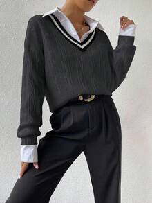 Chiquease 女式休闲宽松条纹V领落肩长袖套头衫，秋冬 - 深灰色 - 查看 3