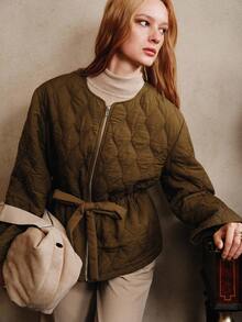 EMERY ROSE 梭织纯色加厚棉服低领收腰休闲通勤熟女青年街头休闲韩版简约女士棉衣外套，秋冬 - 橄欖綠 - 查看 7