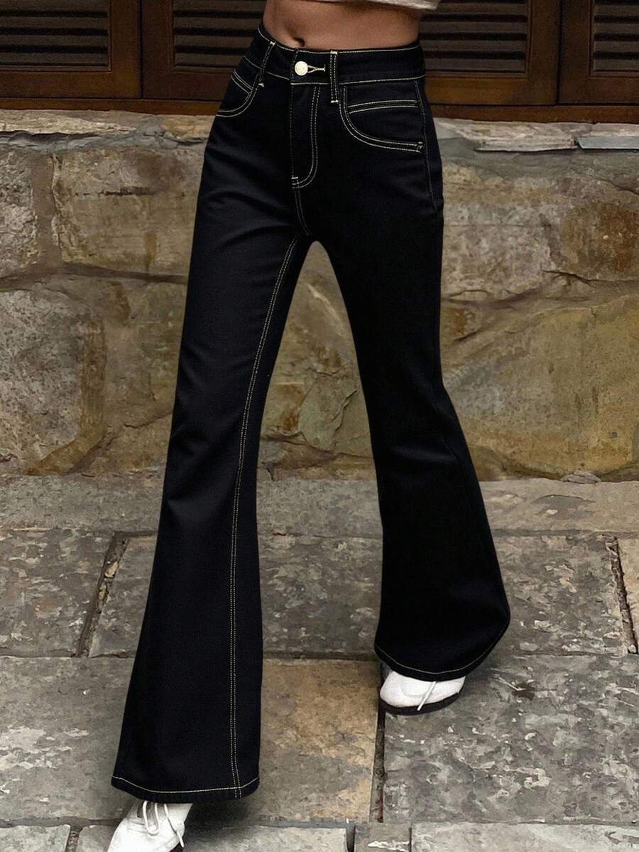 DAZY Quần jeans ống loe cạp cao dày dành cho nữ, quần jeans ống loe cạp trễ mới về mùa đông giúp thon gọn - màu đen - Xem 1