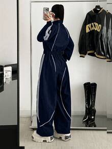 StreetHx Bộ đồ liền thân rộng rãi tay dài có khóa kéo phía trước màu sắc thể thao dành cho nữ - Màu xanh hải quân - Xem 2