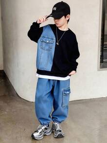 SHEIN Tween Boy Casual Fashion Simple Denim Patchwork Sweatshirt With Pants, Suitable For Daily Wear In Autumn And Winter  Winter Autumn Boys Boy Kids Boys Kids Boy Teen Boys Fall