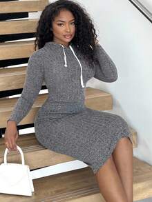 Alexandranx Vestido con capucha con diseño con cordón tejido de canalé - Gris - Ver 5