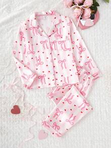 2件套女童可爱蝴蝶结印花翻领开衫和休闲裤舒适睡衣套装 - 彩色 - 查看 4