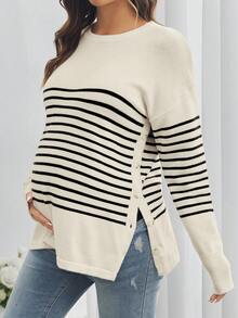 SHEIN Maternity Casual Drop Shoulder Round Neck Striped Sweater With Side Button Design, Autumn/Winter Pregnant Clothes Jumper For Woman Maternity Sweater Women Sweater Maternity Clothes Fall Winter - Multicolor - View 1