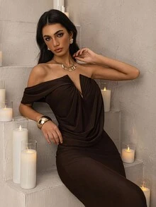 Vowa Vestido sereia elegante, moderno, sexy e glamouroso, marrom, sem alças, assimétrico, com contas de metal, decote profundo e drapeado, adequado para encontros, férias, compras, chá da tarde, festas de solteiros, casamentos, festivais de música, exposições, vestido de outono, vestido de noite formal - Ferrugem Marrom - Ver 8