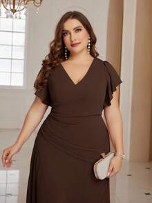 SHEIN Belle Plus Size Overlap Collar Waist Ruched Hem Slit Chiffon Dress - Coffee Brown - View 5