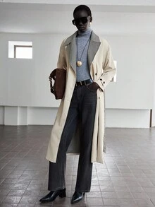 Lumivelle Abrigo de trinchera de manga larga con parches de cuadros en color caqui