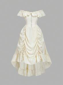 SHEIN MOD 米色大码不对称下摆系带长裙 - 米色 - 查看 1