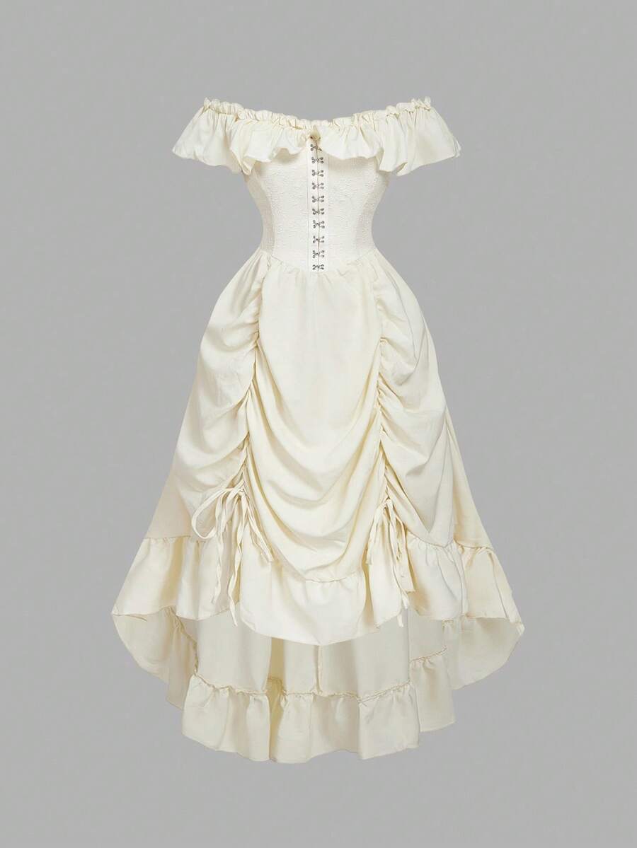 SHEIN MOD 米色大码不对称下摆系带长裙 - 米色 - 查看 1