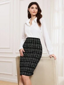 Miaspire 女士格子图案修身休闲半身裙，日常穿着，夏季穿搭 - 黑色 - 查看 4