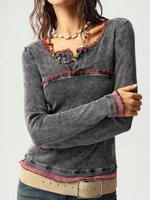 Bohemela 女士休闲针织撞色蕾丝长袖修身衬衫 - 黑色 - 查看 4