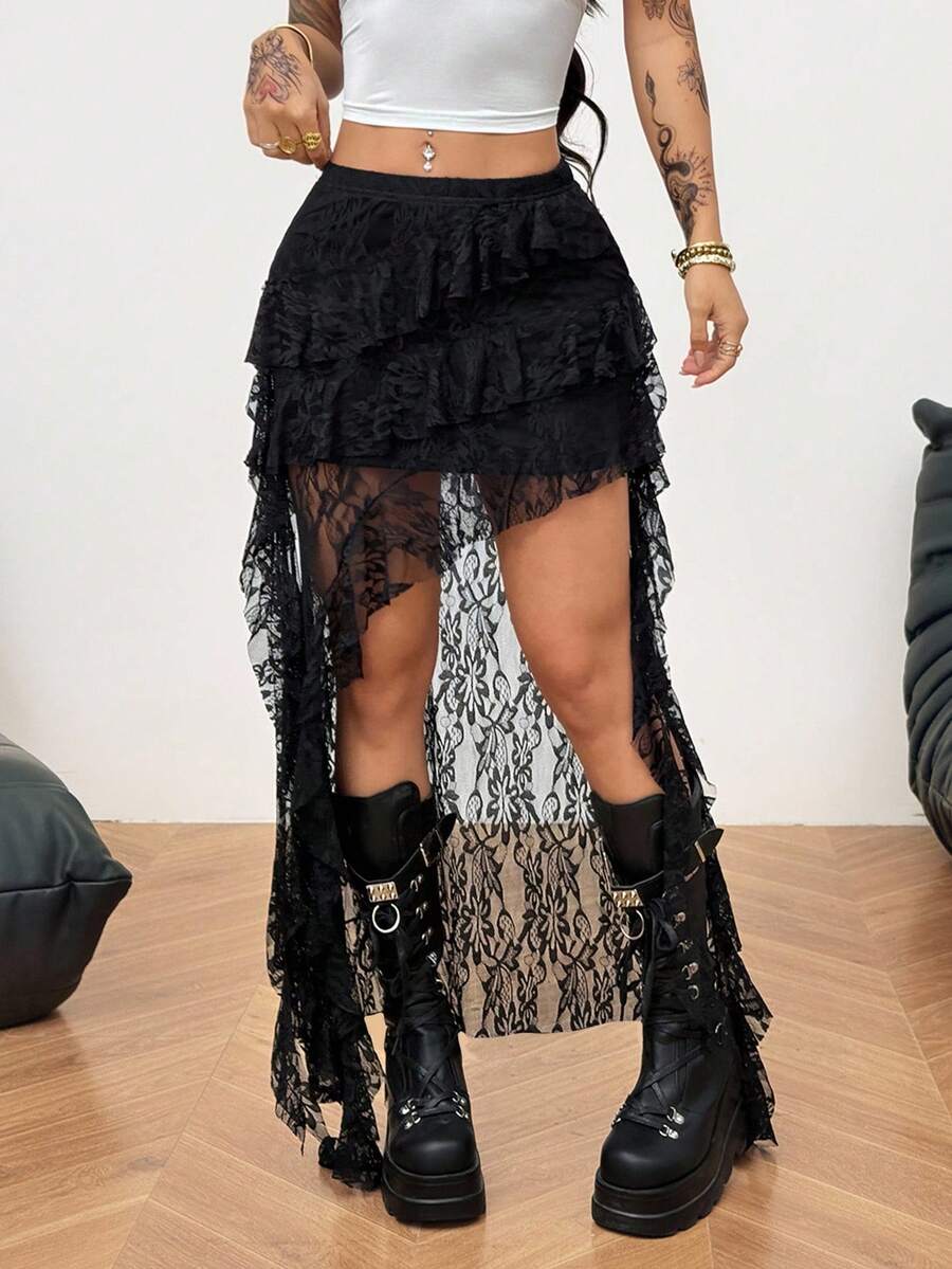 Coolane Women's Fall Concert Streetwear Vacations Boho Y2K Country Concert Gyaru Lace Asymmetrical Ruffle Fringe Black Low Rise Long Skirt