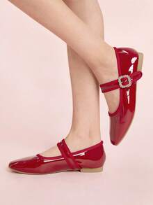 CUCCOO DOLLMOD Women's Solid Color Glossy Buckle Design Casual Flat Loafers - Burgundy - View 5