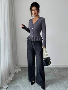 SHEIN Elenzya Slim Fit Ruffle Trim Button Closure Long Sleeve Solid Color Versatile Women Sweater - Grey - View 3