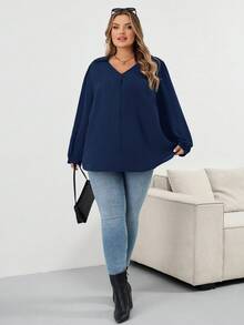 SHEIN CURVE+ 大码女式秋冬休闲宽松舒适 V 领黑色长袖衬衫、秋季女装、女式衬衫、曲线上衣、老款、黑色上衣、商务休闲女装、女式办公室装、W、教师衬衫、女式秋装、冬季、CURVE PLUS - 藏蓝色 - 查看 5