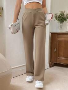 SHEIN Frenchy 女士休闲优雅腰部扭纹修身直筒裤 - 卡其色 - 查看 5