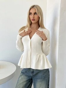 Siren Gaze 女式纯色 V 领长袖落肩优雅褶饰荷叶边开衫 - 米色 - 查看 4