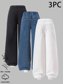 SHEIN 3 件套 Tween 女童牛仔裤，水洗中蓝色、白色、黑色，休闲度假时尚街头 Y2K 风格，基本款 5 口袋宽松直筒薄牛仔裤，柔软棉质，无弹力，适合日常穿着、派对、学校、通勤，秋冬新品 - 彩色 - 查看 2