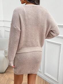 SHEIN LUNE 女式纯色针织落肩休闲纽扣前开衫和迷你裙两件套 - 卡其色 - 查看 2