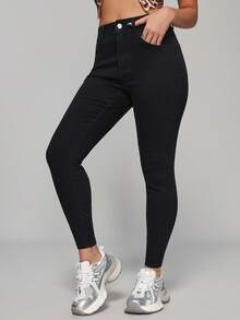 SHEIN PETITE Quần Jeans Denim Nữ Skinny Túi Gọn Nhẹ Đa Năng Thường Ngày - màu đen - Xem 5