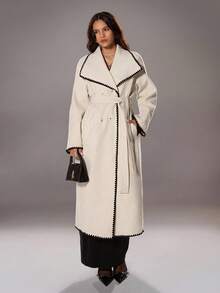 TRNVIE 1pc Women's Contrast Trim Collar Belted Long Casual/Office Coat, Apricot - Apricot - View 4