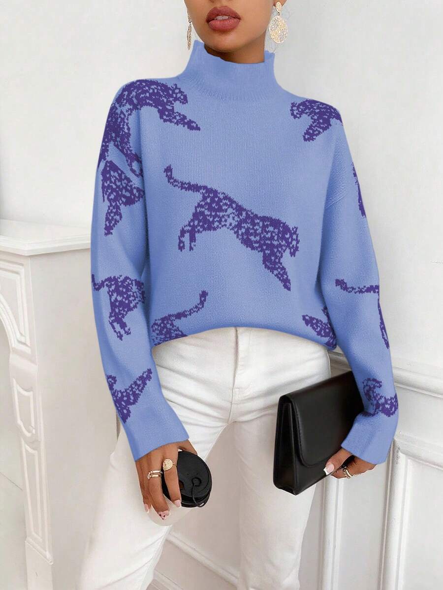 SHEIN LUNE Sweater Wanita Kasual Motif Hewan dengan Kerah Tegak, Musim Gugur/Dingin - Baby Blue - View 1