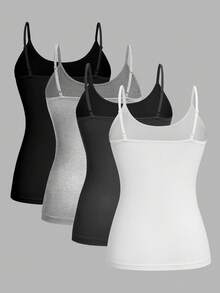SHEIN EZwear 4pcs/Set Plus Size Women Solid Color Casual Tight-Fitting Camisole Vest Top, Versatile For Spring/Summer