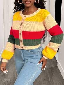 SHEIN BamGlam Women's Fashion Casual Colorblock Short Knit Sweater - Apricot - View 3