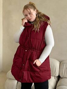 SHEIN CURVE+ Curve Plus 拉链连帽背心外套，冬季款 - 酒紅色 - 查看 7