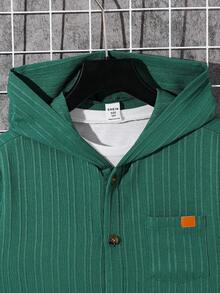 SHEIN Tween Boy 纹理罗纹贴袋长袖连帽衬衫，适合所有季节、通勤、学校、休闲和学院风穿着 - 綠色 - 查看 4