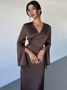 Firerie Women's Elegant Party Cocktail Wedding Guest Long Sleeve Dress, Brown Satin Crepe Flare Sleeve Wrap Collar Cinched Waist A-Line Dress, New Autumn/Winter Women Dress,Wedding Guest Dress Women - Brown - View 4